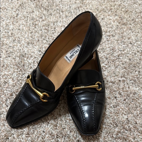 ** AUTHENTIC CELINE** Black Leather Loafers with Gold Accent - Picture 1 of 12